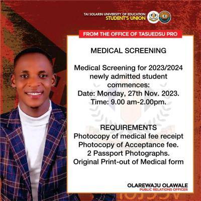 TASUED SUG notice of medical screening for newly admitted students, 2023/2024
