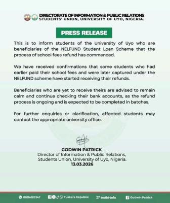UNIUYO SUG notice on commencement of school fees refund to NELFUND beneficiaries