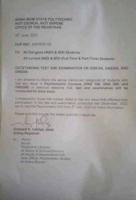 Akwa Ibom Poly notice to out-gone and current students