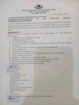FUE Zaria screening exercise for newly admitted undergraduate students