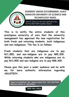 ADUSTECH SUG notice to students on the new registration fee for 2023/2024 session