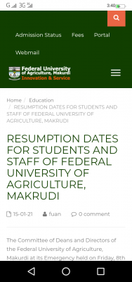 FUAM notice on resumption to staff and students