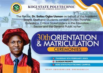 Kogi State Polytechnic 30th Matriculation Ceremony holds Feb 9th