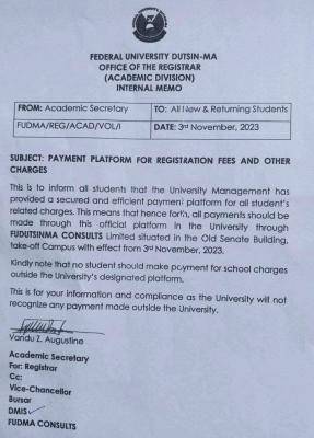 FUDutsin-ma notice on secured platform for registration fees & other charges