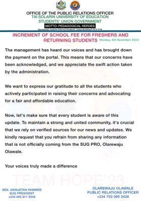TASUED SUG notice to all students on reduction of school fees