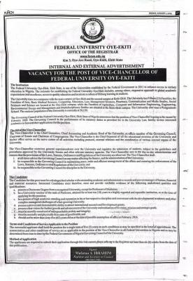 FUOYE announces vacancy for the post of Vice Chancellor