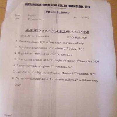 Kwara state college of health technology adjusted 2019/2020 academic calendar