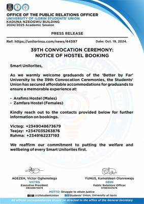 UNILORIN SUG notice to graduands on provision of accommodation ahead of the 39th convocation