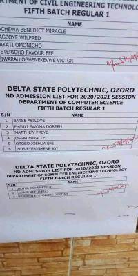 Delta State Poly, Ozoro ND regular 5th batch admission list, 2020/2021