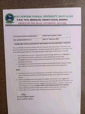FUNAI guidelines for allocation of bed spaces in university hostels
