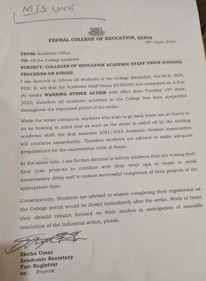 FCE Zaria notice to students on ongoing COEASU strike