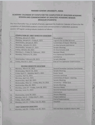 UNIZIK revised academic calendar for completion of 2019/2020 and 2020/2021 sessions