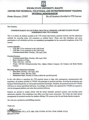 KWASU centre for vocational studies notice to students enrolled in VTE courses