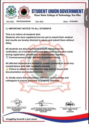 Osun State College of Technology, Esa Oke SUG notice to all students