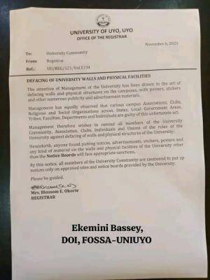 UNIUYO warning to the University Community against defacing of the university walls & physical structures