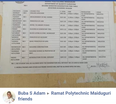 Ramat Poly second semester exam  timetable for department of Quantity Surveying