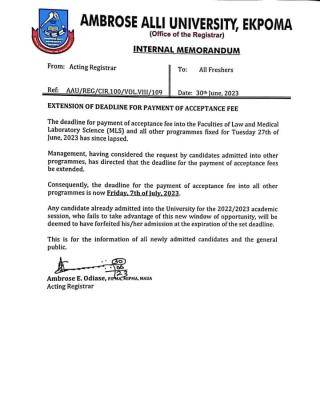 AAU extension of deadline for payment of acceptance fee