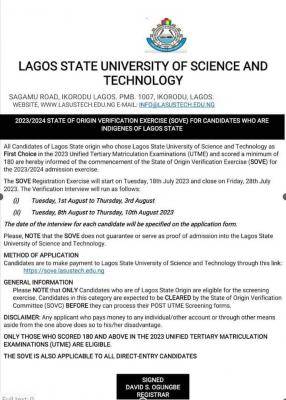 LASUSTECH State of Origin Verification Exercise for candidates who are Indigenes Of Lagos State