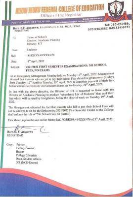 Alvan Ikoku COE notice on no school fees no exam policy for first semester exam, 2021/2022