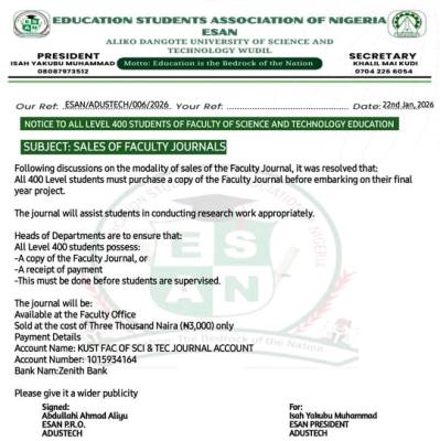 ADUSTECH Faculty of Education notice to 400 Level students