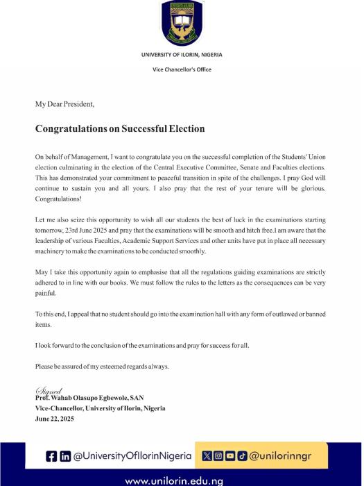 UNILORIN VC congratulates newly elected Students' Union President