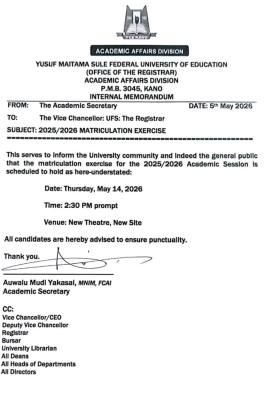 Yusuf Maitama Sule Federal University of Education announces Matriculation Ceremony, 2025/2026
