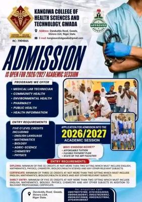 Kangiwa College of Health Science and Tech. Gwada Admission form, 2026/2027