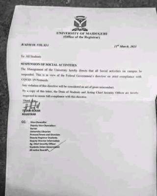 UNIMAID suspends social activities on campus