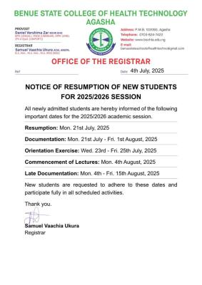 Benue State College of Health Tech., Agasha resumption for new students, 2025/2026