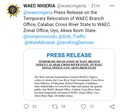 WAEC notice on temporary relocation of WAEC branch office in Calabar