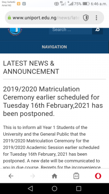 UNIPORT postpones 2019/2020 matriculation ceremony
