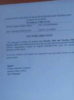 Kano State College of Health Sciences announces lecture free days
