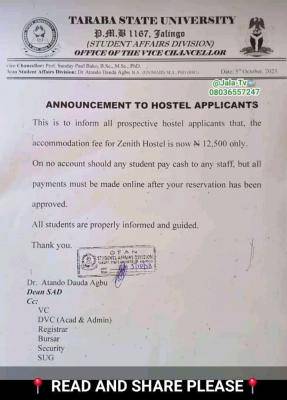 TASU notice to hostel applicants