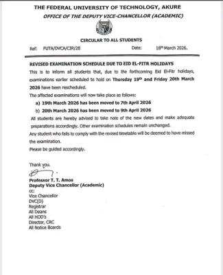 FUTA revised examination schedule