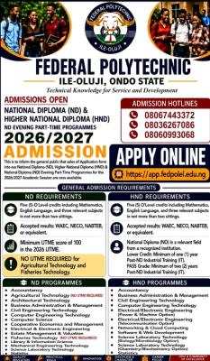 Federal Polytechnic, Ile-Oluji ND/HND Admission form, 2026/2027