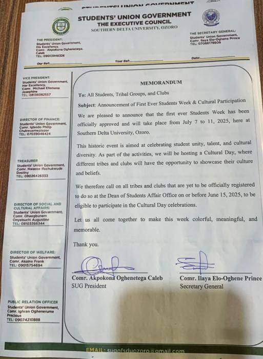 Southern Delta University, Ozoro announces SUG week