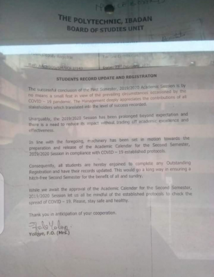 Poly Ibadan notice on students' record update and registration for 2nd semester, 2019/2020