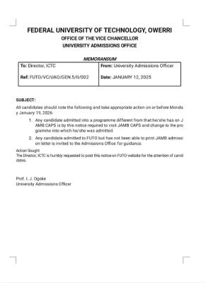 FUTO notice to all newly admitted students