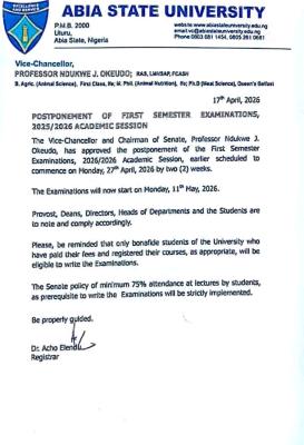 ABSU Postpones first semester examination, 2025/26