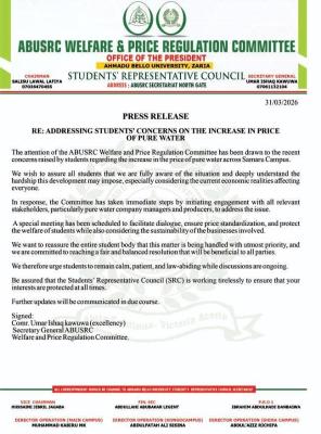 ABU SRC addresses students concern regarding cost of sachet water prices on campus