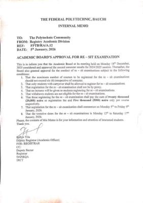 Federal Polytechnic, Bauchi, Academic Board approves re-sit examinations