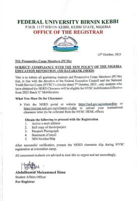 FUBK notice to prospective corps members on compliance with NERD policy