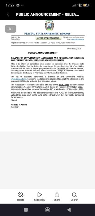PLASU supplementary admission list and registration details, 2025/2026