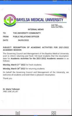 Bayelsa Medical University notice on resumption of academic activities, 2021/2022