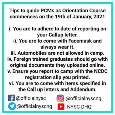 NYSC notice on camp requirements and change of name as orientation commences Jan. 19, 2021