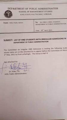 Kogi Poly notice to HND Students with irregular admissions