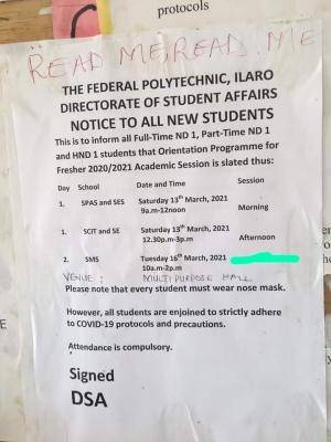 Fed Poly Ilaro orientation exercise for new students, 2020/2021 session