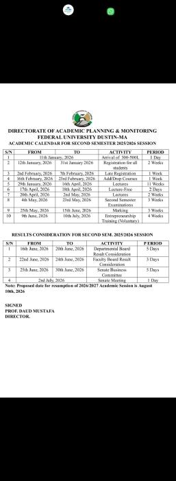 FUDMA reviewed academic calendar for 2nd semester 2025/2026 Session