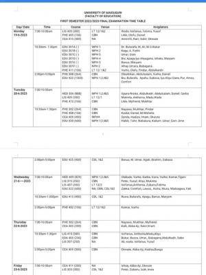 UNIMAID first semester final examination timetable, 2022/2023