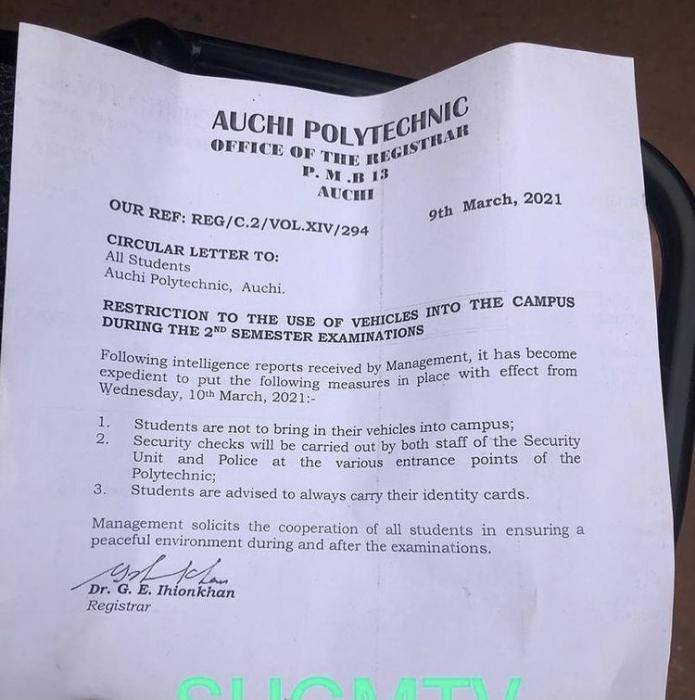 Auchi poly bars students’ from driving cars to school